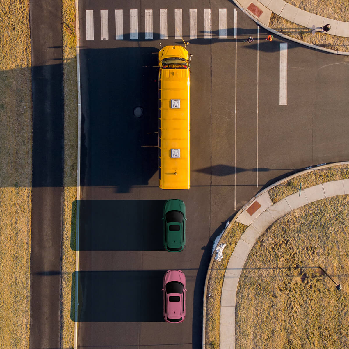 Yellow School Bus Followed By Green and Pink Cars